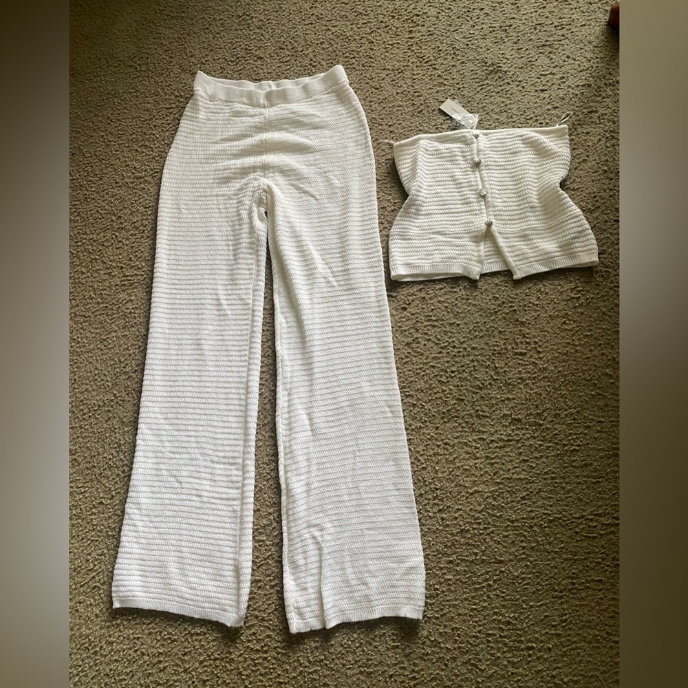Elegant White Knit Pants & Top Set NWT Size L